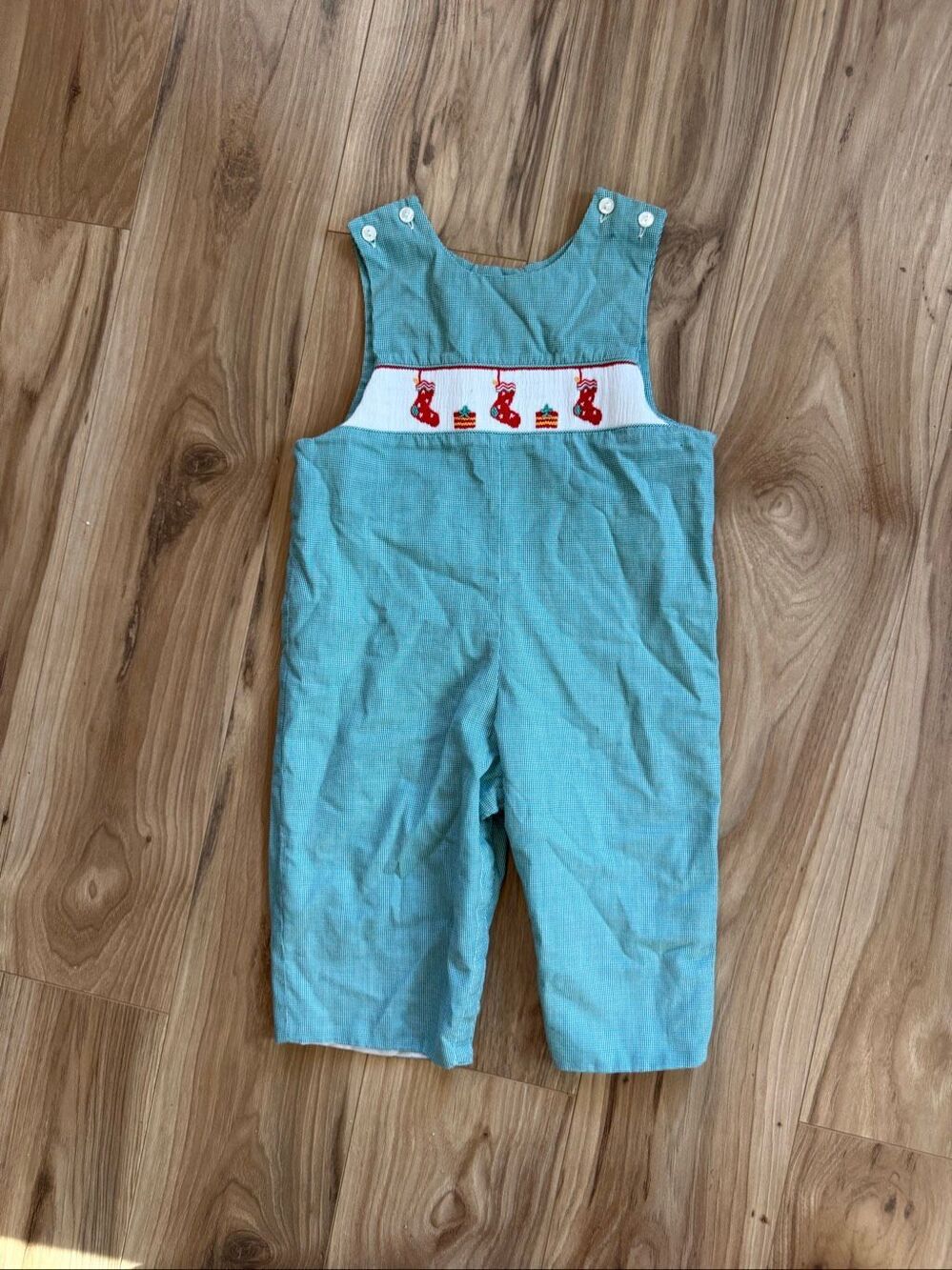 Anavini Handsmocked Kids Boys Green Gingham Embroidered Smocked Christmas Romper